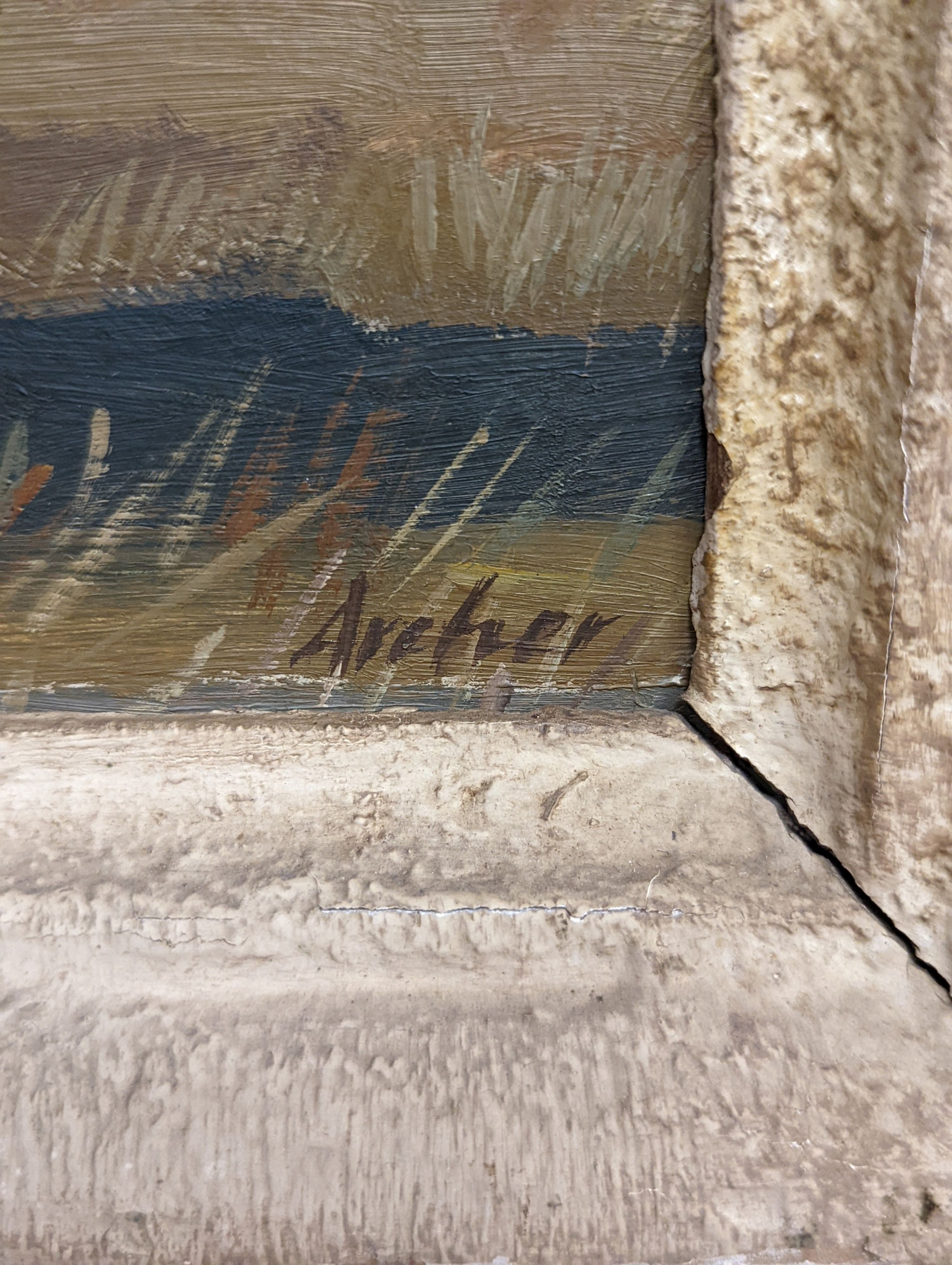 Archer, oil on board, Windswept view of the Downs, signed, 37 x 46cm